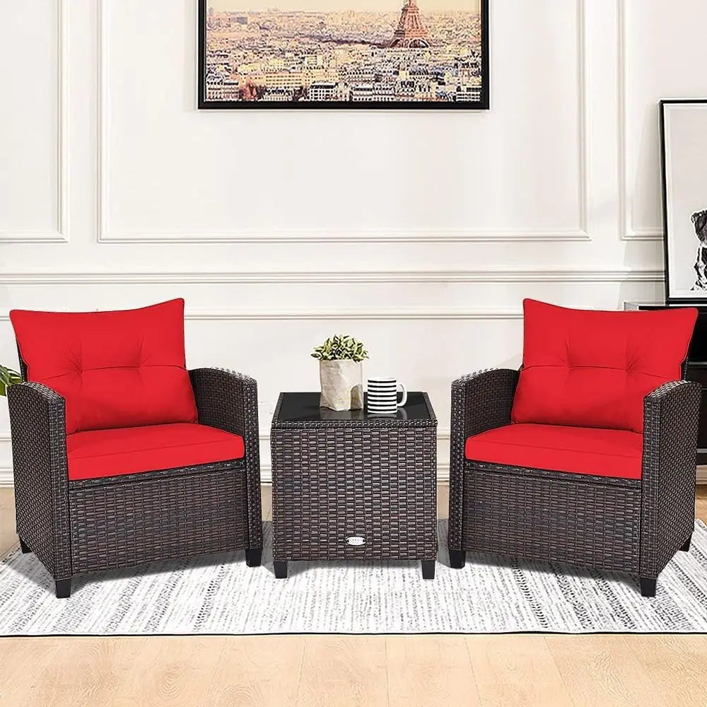 3-Piece PE Rattan Outdoor Sofa Set with Cushions and Glass Table for Patio, Balcony, Garden, Poolside (Red)