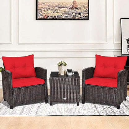 3-Piece PE Rattan Outdoor Sofa Set with Cushions and Glass Table for Patio, Balcony, Garden, Poolside (Red)