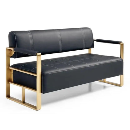 57.9" Modern Faux Leather Loveseat Sofa for Living Room, Office, or Studio - 2 Seater Couch with Gold Metal Arms, Black
