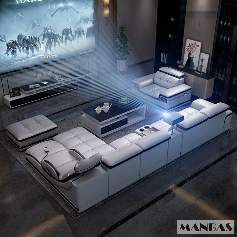 Linlamlim Luxury Genuine Leather Sectional Sofa with Adjustable Headrests, Projector, Speaker and Storage for Living Room Couch