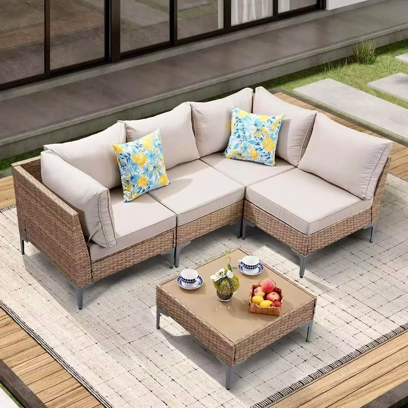 5 Piece Wicker Patio Furniture Set,Outdoor Conversation Sectional Sofa w/Coffee Table,All-Weather Outdoor Sofa, Customized