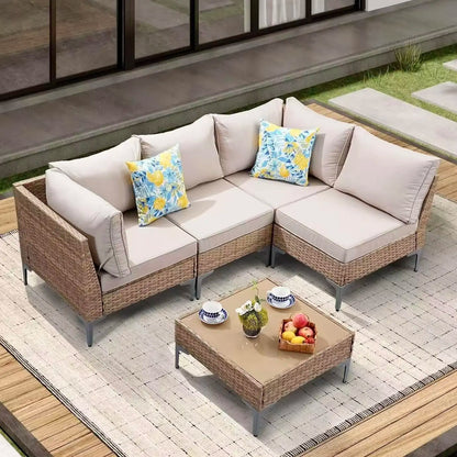 5 Piece Wicker Patio Furniture Set,Outdoor Conversation Sectional Sofa w/Coffee Table,All-Weather Outdoor Sofa, Customized