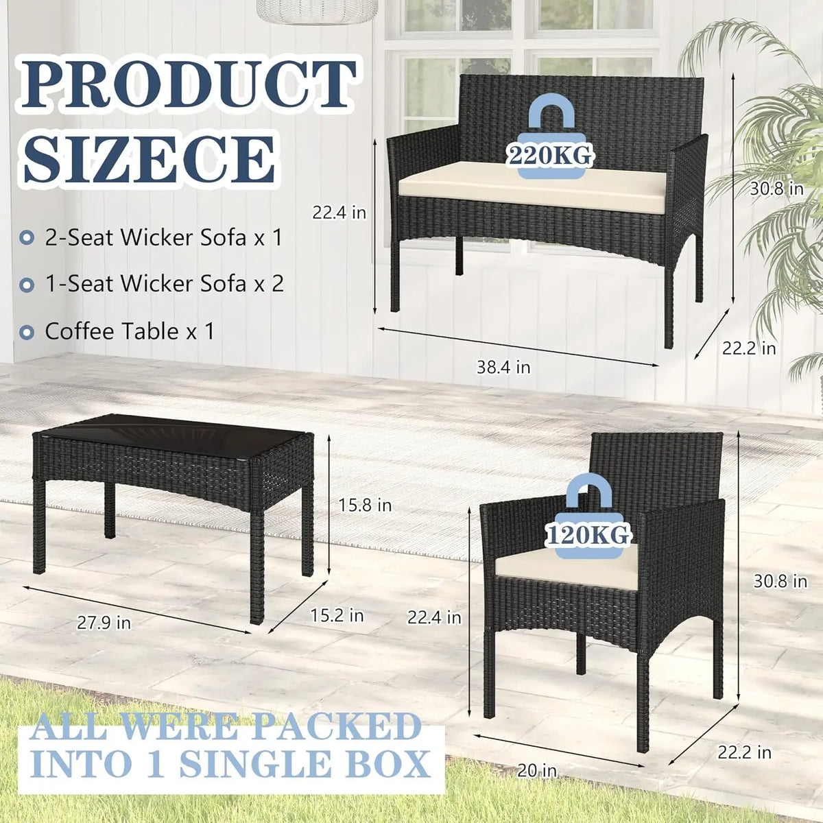 4 Pieces Patio Furniture Set, Outdoor Wicker Rattan Patio Conversation Furniture Set with Waterproof Cushion and Table