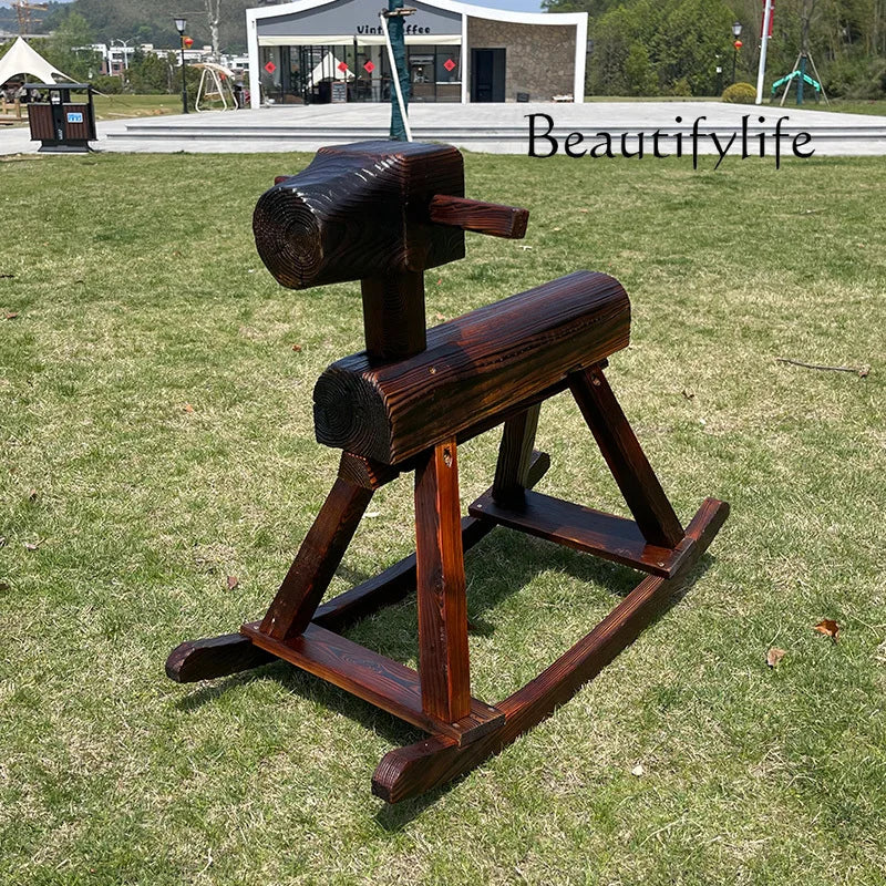 Anti-corrosive solid wood rocking horse carbonized wood rocking chair adult decoration kindergarten outdoor toy Trojan horse