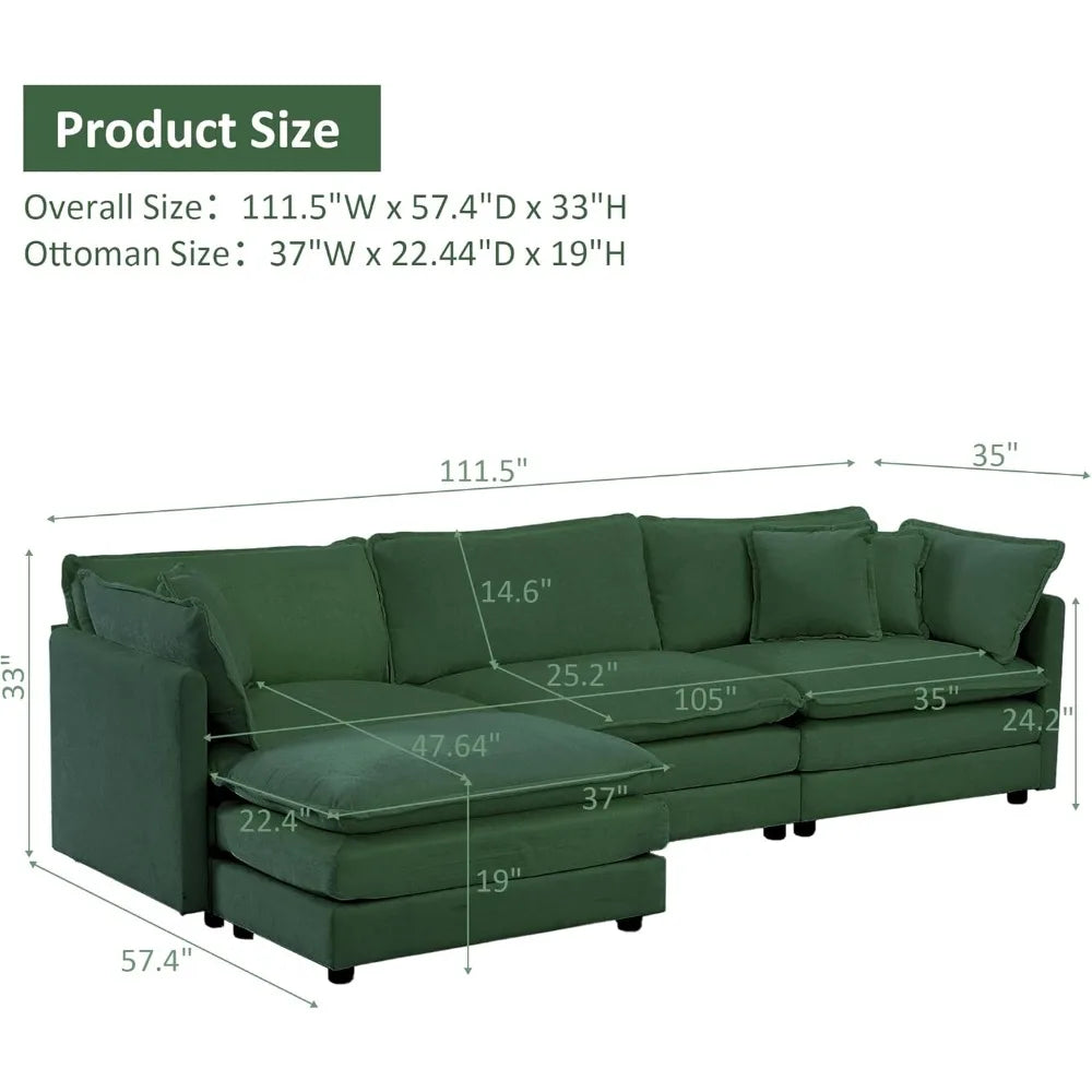 Cloud Couch with Movable Ottoman, Modern L Shaped Modular Sectional Sofa