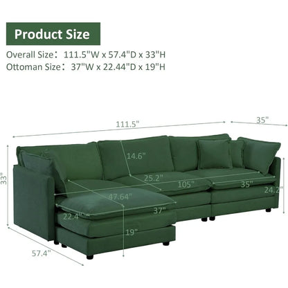 Cloud Couch with Movable Ottoman, Modern L Shaped Modular Sectional Sofa