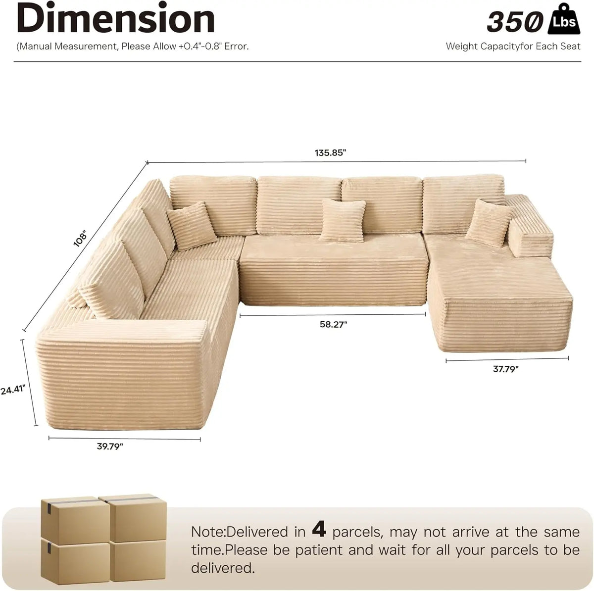 U Shaped Sofa Boneless Couch with Chaise 135