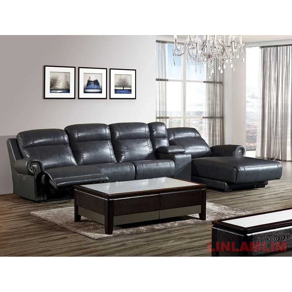 MINGDIBAO Luxury Genuine Leather Power Recliner Sofa Set, L Shape Electric Reclining Couch with Nailhead Trim, Home Theater Seat