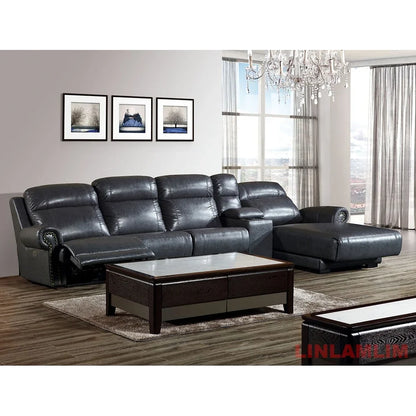 MINGDIBAO Luxury Genuine Leather Power Recliner Sofa Set, L Shape Electric Reclining Couch with Nailhead Trim, Home Theater Seat