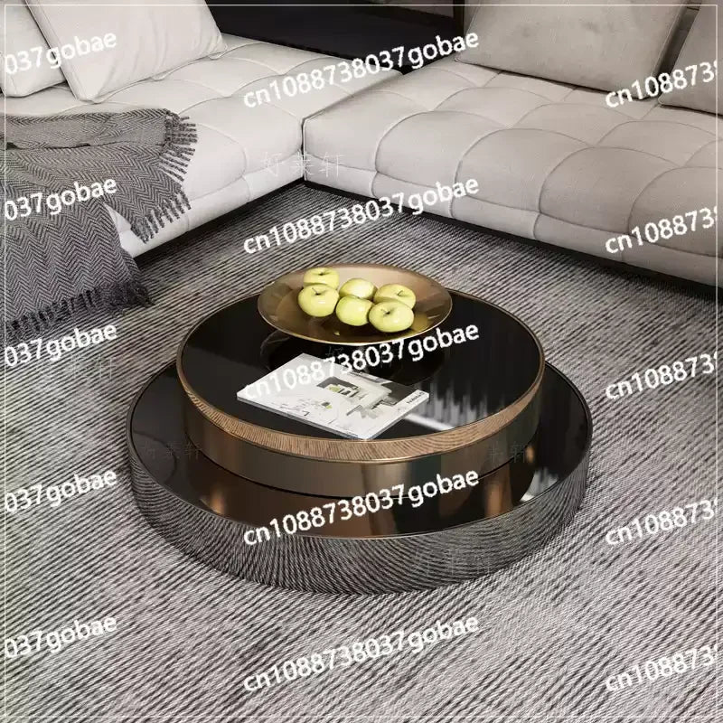 High end stainless steel brass mirror circular coffee table, double-layer modern luxury rotating black gold coffee table