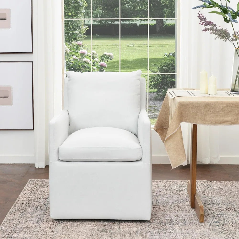 25" Wide Upholstered Dining Chairs with Casters, Modern Performance Fabric No Assembly Down Cushion Rolling Dining Armchair for