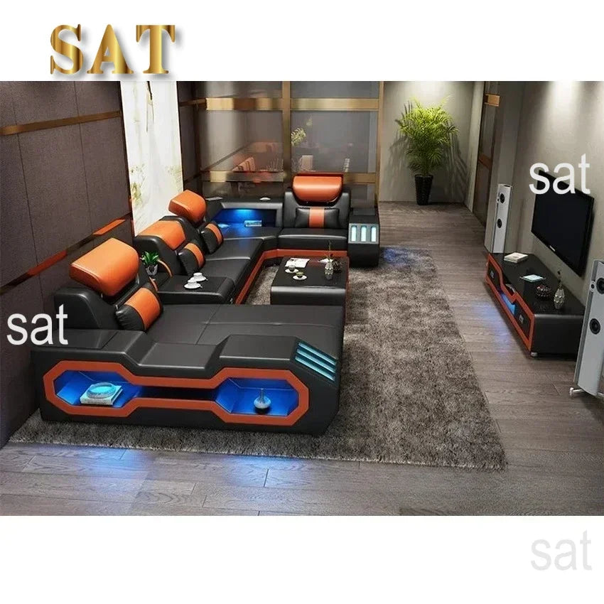 Modern LED Lighted Sofa Set with Recliner, Adjustable Headrest & Console | Luxury Leather Sectional Couch | Futuristic Furniture