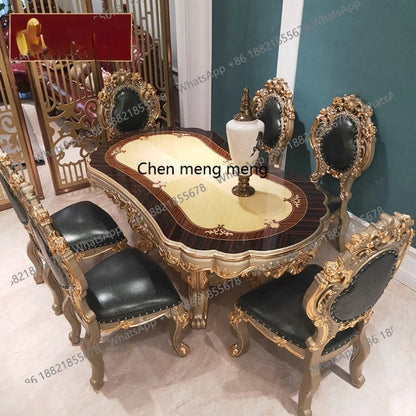 European oval 1.8 meters long dining table and chairs combination villa solid wood carving flower atmosphere dining table