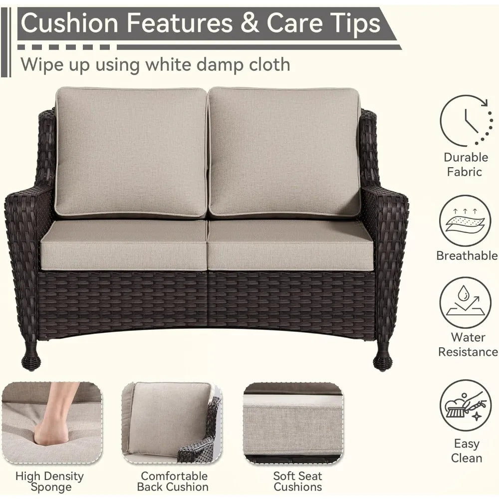 Outdoor Wicker Loveseat with Cushioned Seats, Weather-Resistant, High Back and Wide Armrests for Patio and Balcony