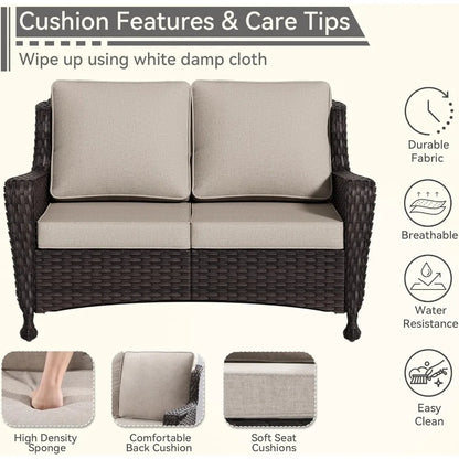 Outdoor Wicker Loveseat with Cushioned Seats, Weather-Resistant, High Back and Wide Armrests for Patio and Balcony