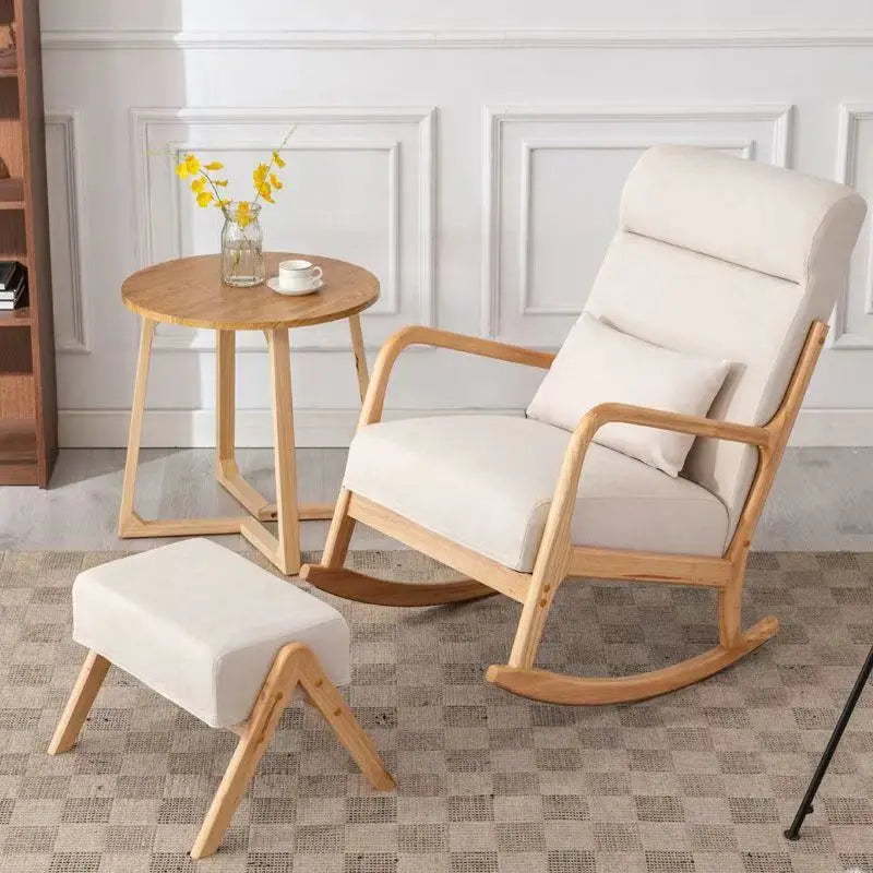 Wooden Rocking Chair Lounge Chair High Backrest Rocking Armchair Accent Chair with Lumber Pillow