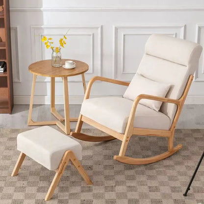 Wooden Rocking Chair Lounge Chair High Backrest Rocking Armchair Accent Chair with Lumber Pillow