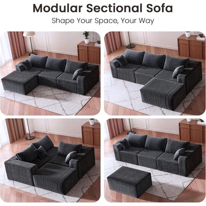Customized.110” No Assembly Compression Boneless Sofa Couches for Living Room, L-Shape Sleeper Sofa 4 Seaters, Modern Corduroy