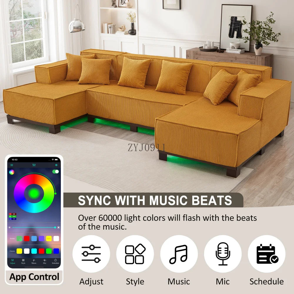 Modern U-Shaped Sectional Sofa 130" Sectional Sofa Upholstered Sofa with RGB LED Light Strip and 6 Pillows for Living Room