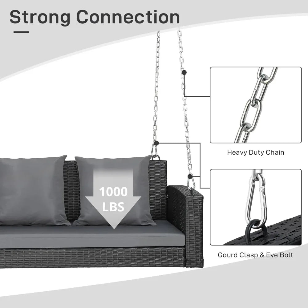 5FT Wicker Outdoor Porch Swing for Adults, 3-Person Patio Swing with Cushion, Pillows, and Chains