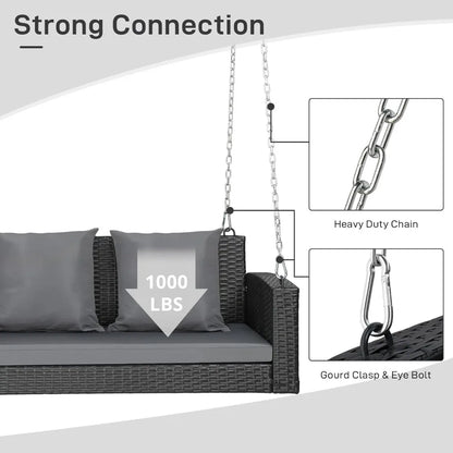 5FT Wicker Outdoor Porch Swing for Adults, 3-Person Patio Swing with Cushion, Pillows, and Chains