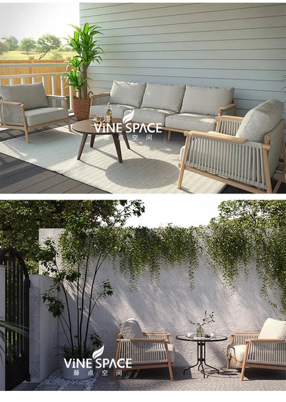 Outdoor sofa courtyard open-air garden villa waterproof and sunscreen leisure rope braided teak outdoor bed and breakfast sofa