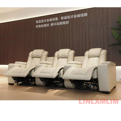 Genuine Leather Sofa Chair for Home Theater, Modern Electric Power Reclining Seat with Footrest and Cup Holders