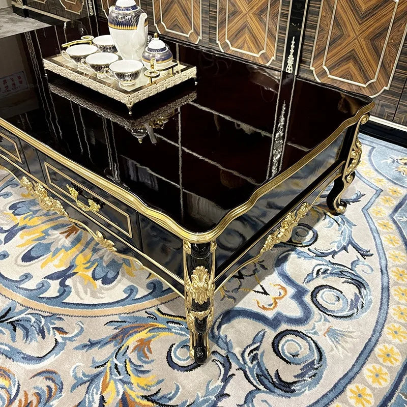 French solid wood large coffee table European rectangular solid wood carving double-layer tea table