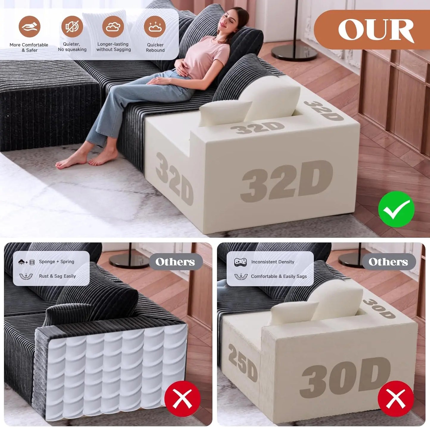 109.5 Modular Sectional Sofa, Modern L-Shape Cloud Sectional Couch with Deep Seat, Comfy Corduroy Fluffy Couch for Living Room B