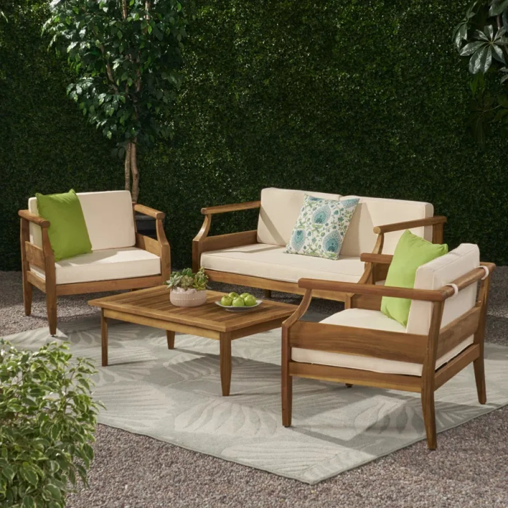 Outdoor Acacia Wood Lounge Armchair with Water Resistant Cushion, Modern Club Chair for Garden Patio Backyard Poolside