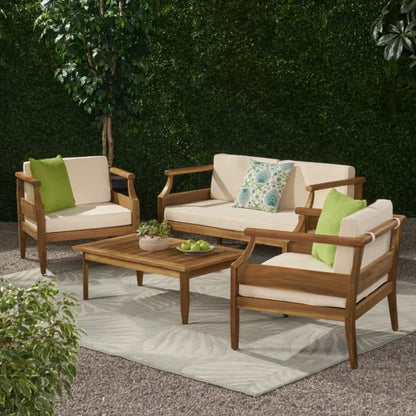 Outdoor Acacia Wood Lounge Armchair with Water Resistant Cushion, Modern Club Chair for Garden Patio Backyard Poolside