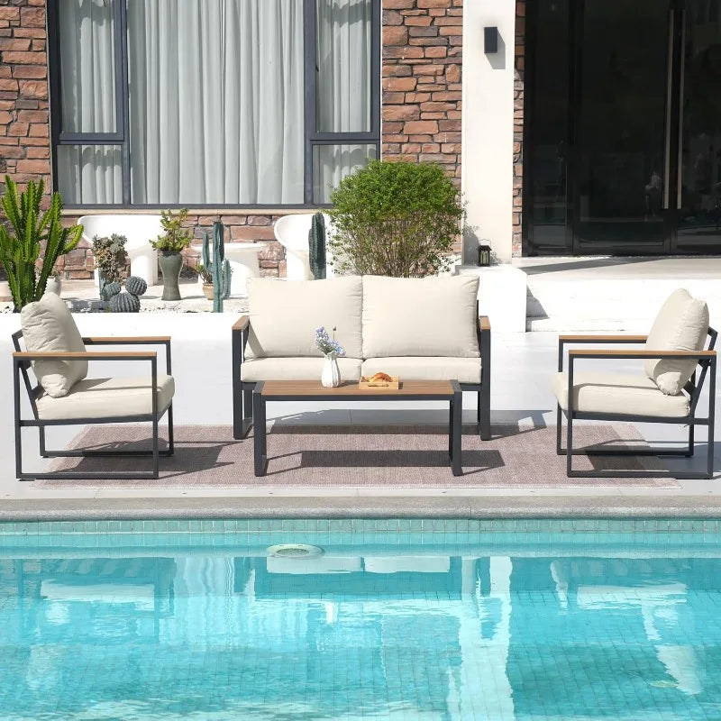 Patio Furniture Set, 4 Pieces Outdoor Patio Furniture with Coffee Table Set, Metal Patio Conversation Sets with Washable and