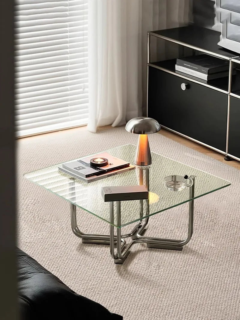 Light Luxury Tea Table Transparent Glass Tea Table Living Room Sofa Side Table Low Tea Tables Stainless Steel Square Side Tables