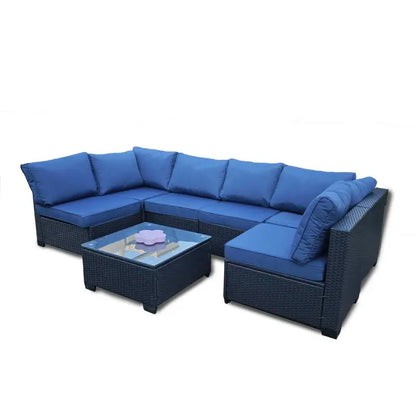 7-Piece Rattan Outdoor Furniture Set with Blue Cushions, Sofa Chairs and Table