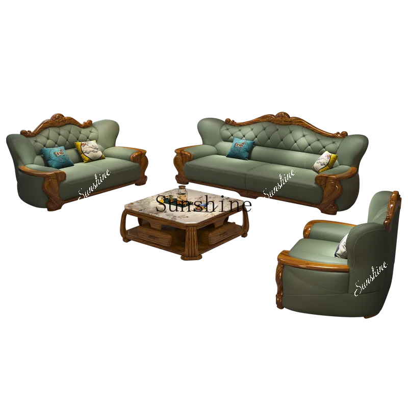 European ebony leather sofa Chinese 1234 living room combination  FT