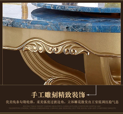 A55 European dining table andchairs American marble round table with turntable solid wood carving flower luxury champagne gold r