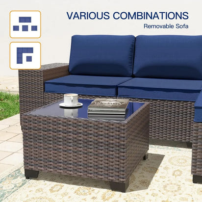 6-Piece Patio Furniture Set with Glass Top Tea Table, PE Rattan Wicker Conversation Set, Washable Cushions, Outdoor Patio