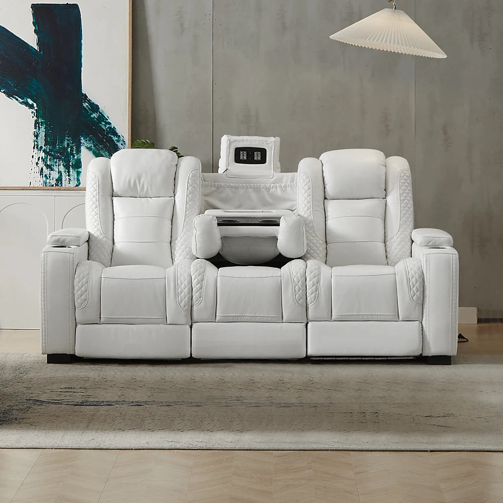 Luxury Power Recliner White Leather Sofa for Home Theater Electric VIP Cinema Sofa Set with Extendable Feature for Lay Down