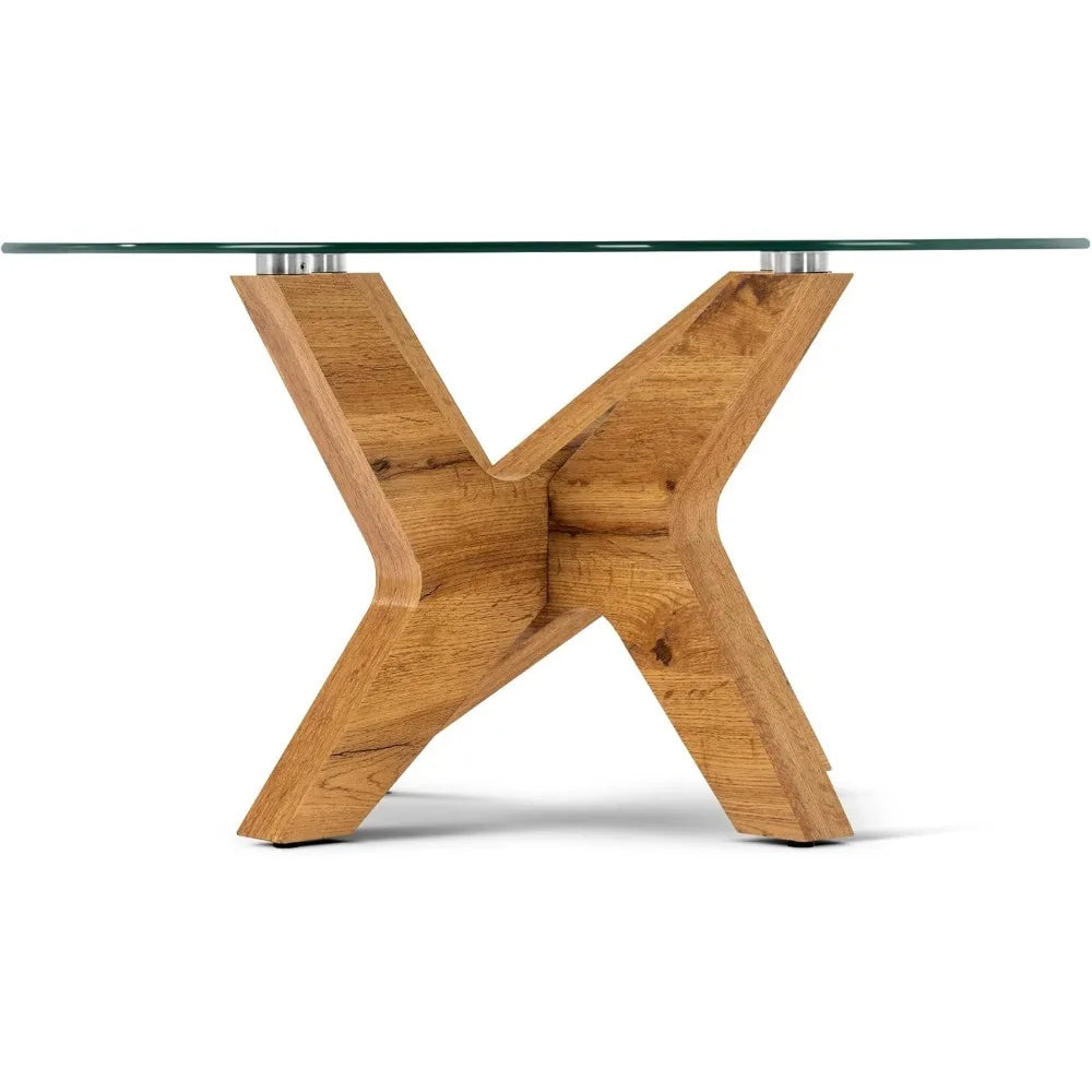 Round Glass Coffee Table, 31.5 in Clear Accent Table Cocktail Table with MDF Leg and Tempered Glass Top