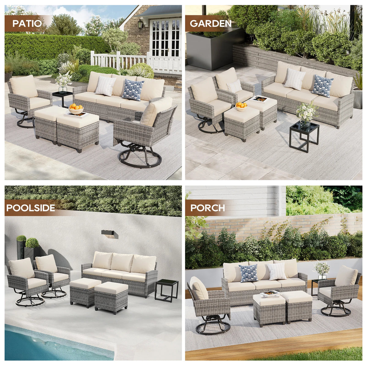 6 Pcs Wicker Patio Furniture Set, Outdoor Swivel Chairs, 3-Seat Sofa, Ottoman & Tempered Glass Side Table, All-Weather Conversat