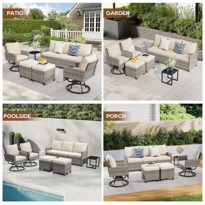 6 Pcs Wicker Patio Furniture Set, Outdoor Swivel Chairs, 3-Seat Sofa, Ottoman & Tempered Glass Side Table, All-Weather Conversat
