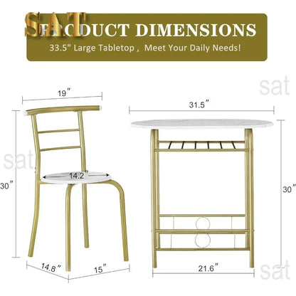 v 3 Piece Small Round Dining Table Set for Kitchen Breakfast Nook, Wood Grain Tabletop with Wine Storage Rack, Save Space, 31.