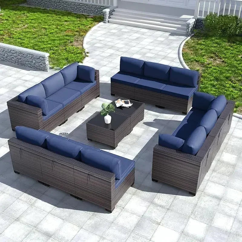YND6-Qkulavik 6PCs outdoor furniture set PE Wicker rattan sectional sofa patio conversation sets. navy blue