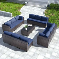 YND6-Qkulavik 6PCs outdoor furniture set PE Wicker rattan sectional sofa patio conversation sets. navy blue
