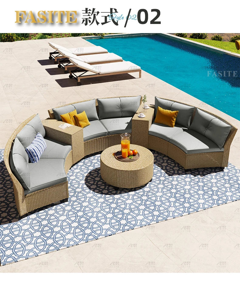 Sofa, courtyard, garden, leisure, outdoor living room, semi circular curved rattan chair, terrace, outdoor furniture combination