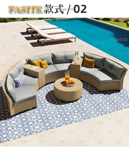 Sofa, courtyard, garden, leisure, outdoor living room, semi circular curved rattan chair, terrace, outdoor furniture combination