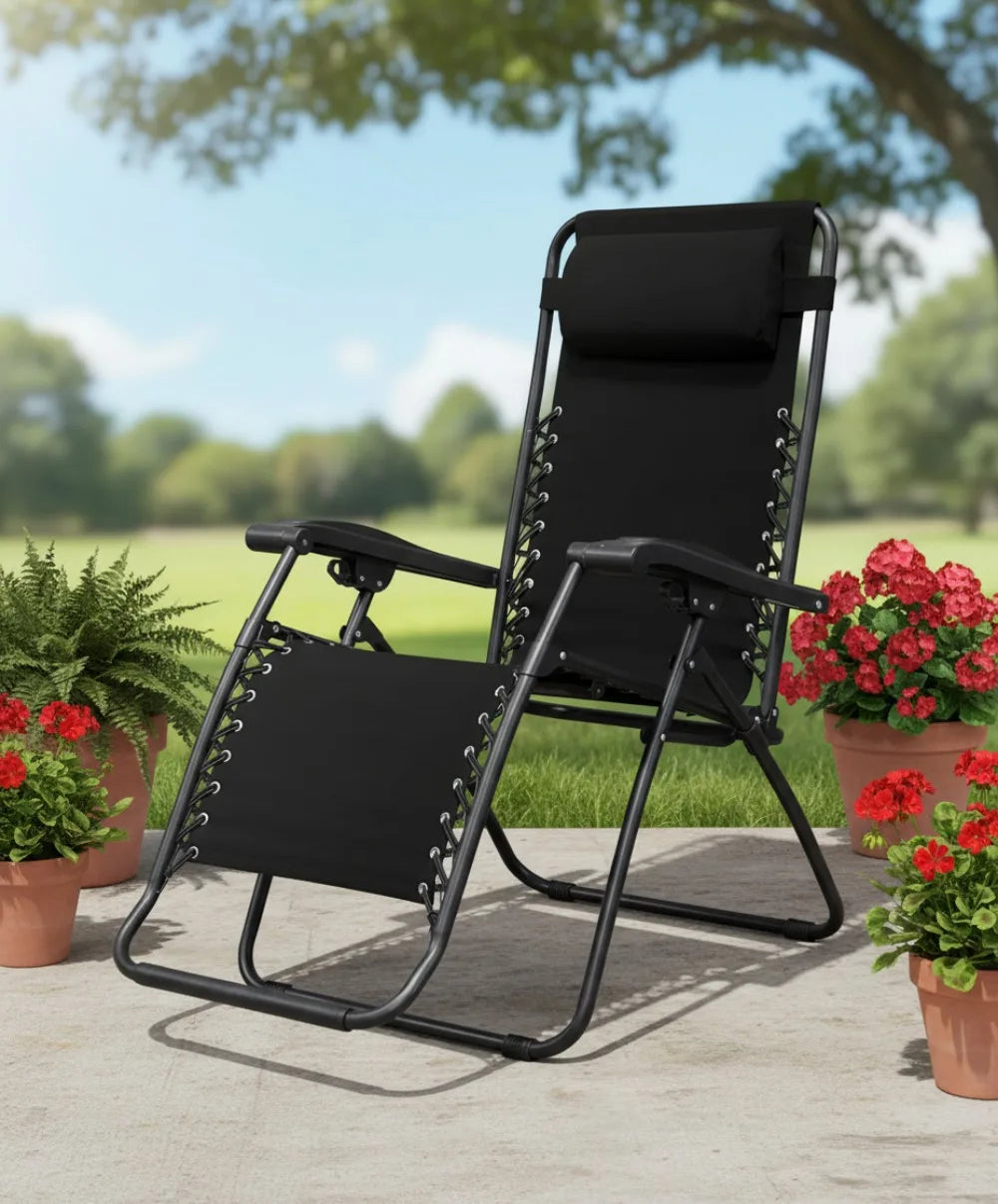 Portable Zero Gravity Folding Recliner Chair for Outdoor Camping Pool Patio with Adjustable Headrest, Black