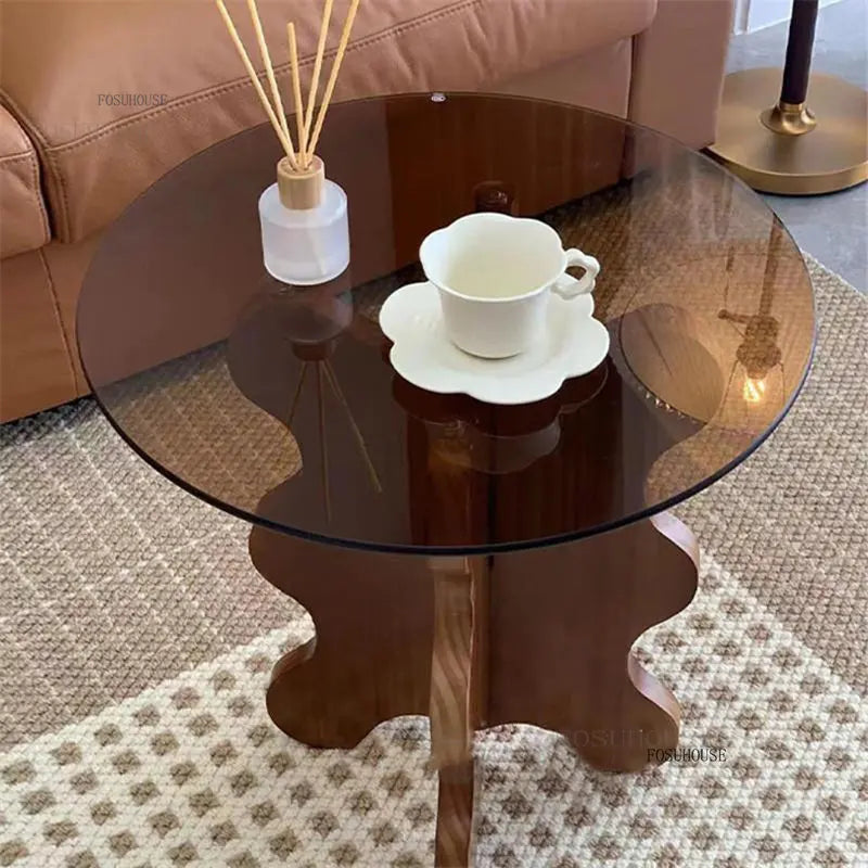 Table d'appoint de luxe légère en bois massif, Tables basses en verre nordique pour meubles de salon, Table d'angle pour petit appartement
