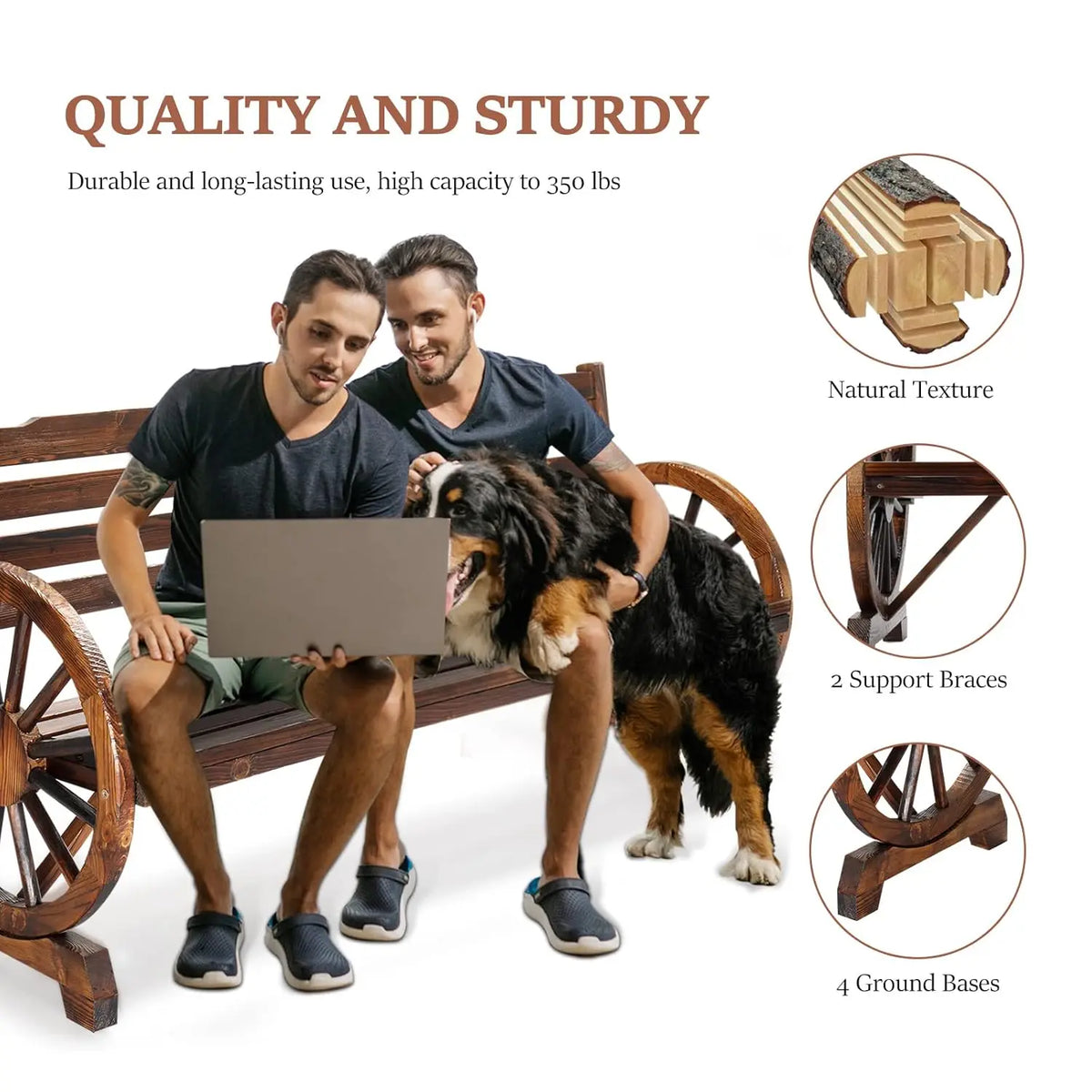 Outdoor Rustic Wooden Bench with Wagon Wheel Arms, 3 People Outdoor Bench Garden Bench Front Porch Furniture Patio, Customized