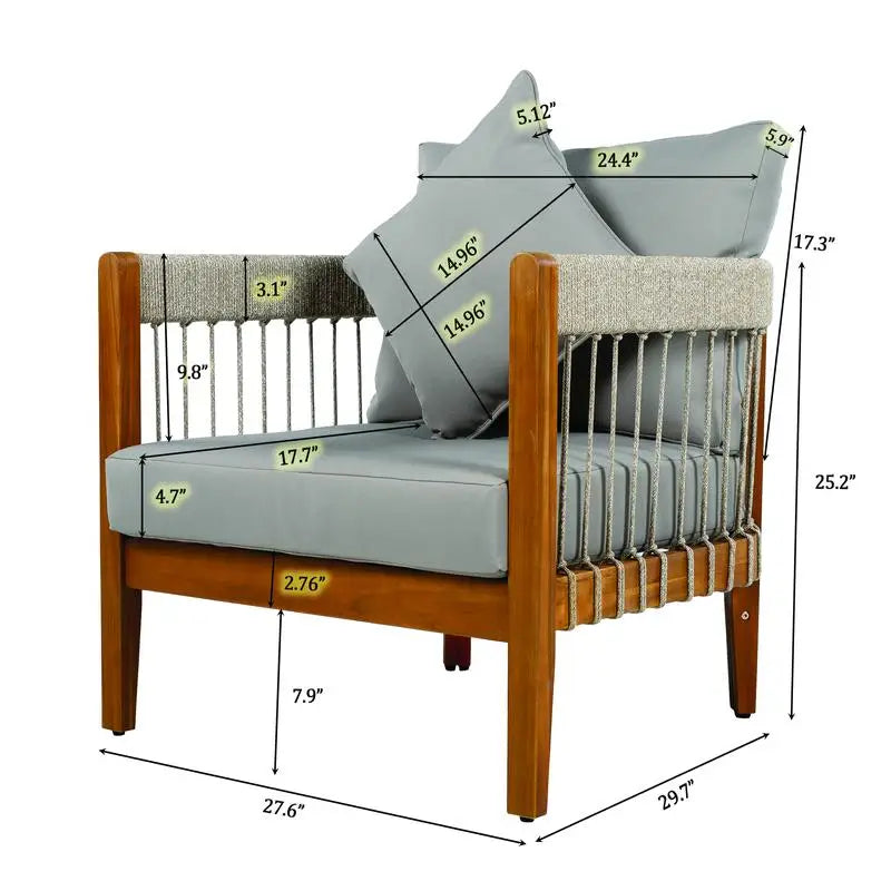 3-Pc Acacia Wood Outdoor Club Chair Set with Woven Rope Accents & Curved Backrest - Water-Resistant Boho Patio Lounger with